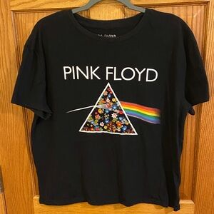 Pink Floyd Women’s Black Graphic Tee Embroidered Floral Prism Design Size Large